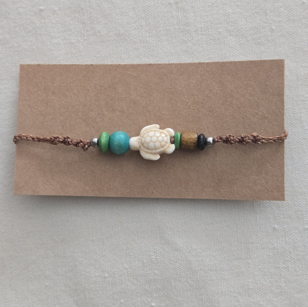 New Handmade Turtle Beaded Bracelet with Brown Cord